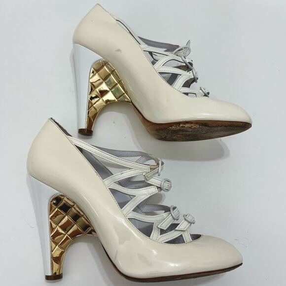 Chanel Buckle Mary Jane Wedge Pumps White Patent Leather Pumps | 39/US 8-8.5 - Picture 5 of 13